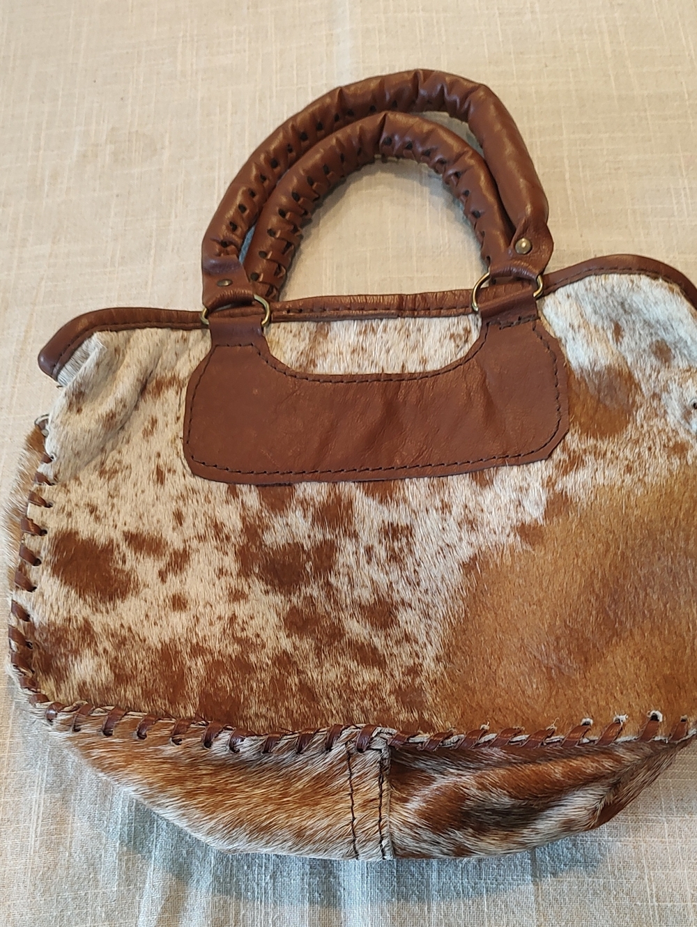 Brown Haircalf Cowhide Shoulder Bag with Leather Handles